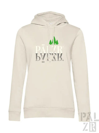 Cremeweißer Hoodie mit grünem Baum-Design und Text ’pälzb’ auf der Vorderseite.