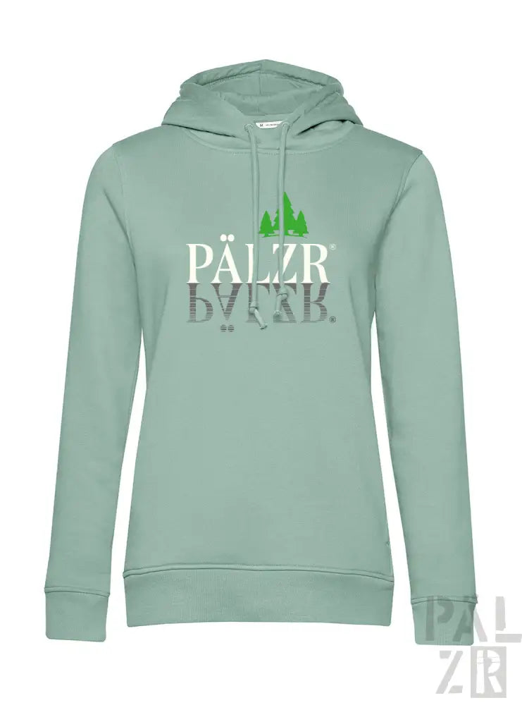 Minzgrüner Hoodie mit Text ’pälzr bärab’ und Baumdesign.