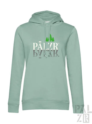Minzgrüner Hoodie mit Text ’pälzr bärab’ und Baumdesign.
