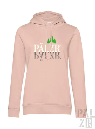 Blassrosa Hoodie mit ’pälzr bayab’-Text und grünem Baum-Design auf der Vorderseite.