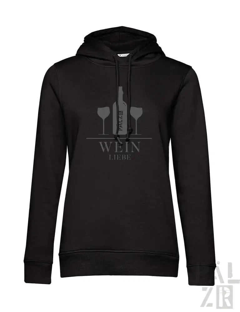 Schwarzer Hoodie mit Weinflasche- und Gläser-Design, Baumwollmaterial.