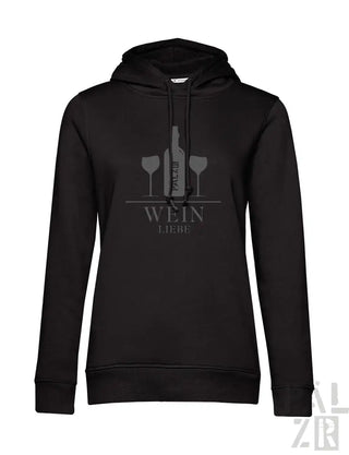 Schwarzer Hoodie mit Weinflasche- und Gläser-Design, Baumwollmaterial.