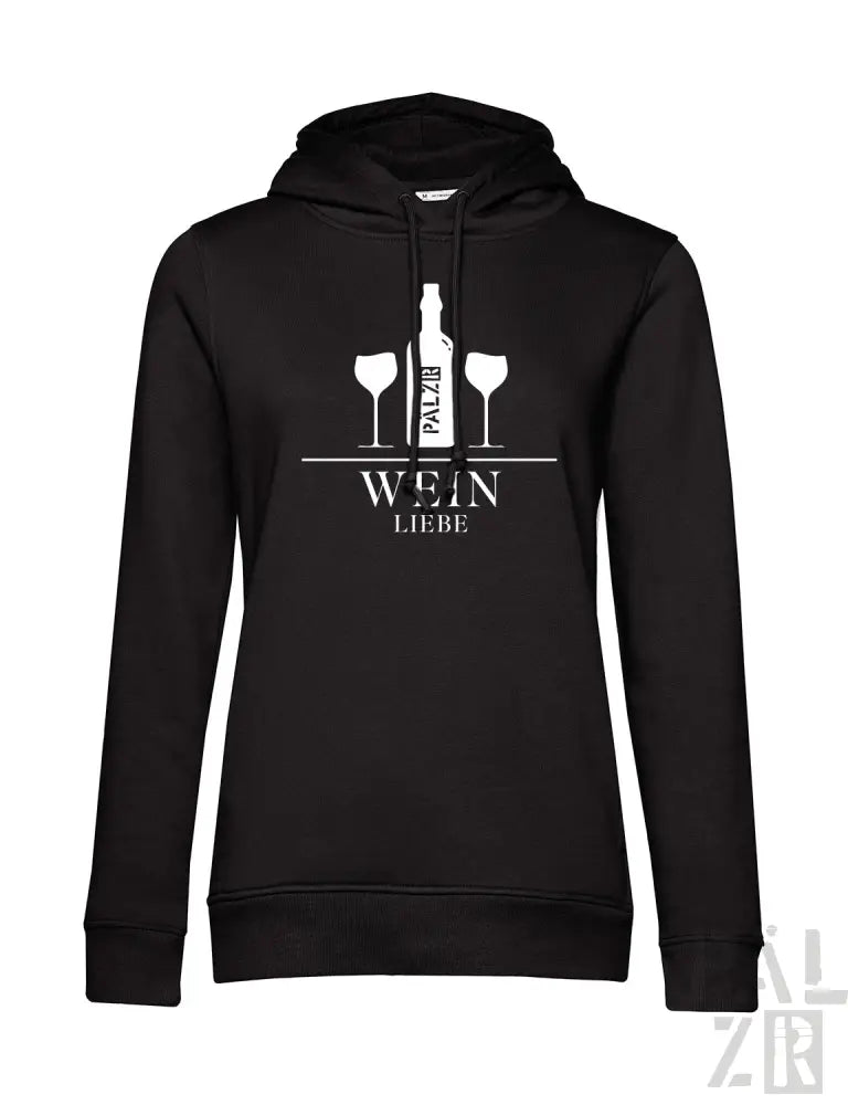 Schwarzes Hoodie mit Design von Weißweinflasche und Gläsern.