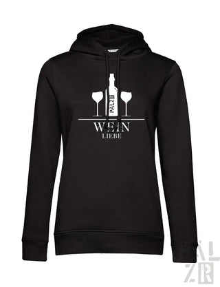 Schwarzes Hoodie mit Design von Weißweinflasche und Gläsern.