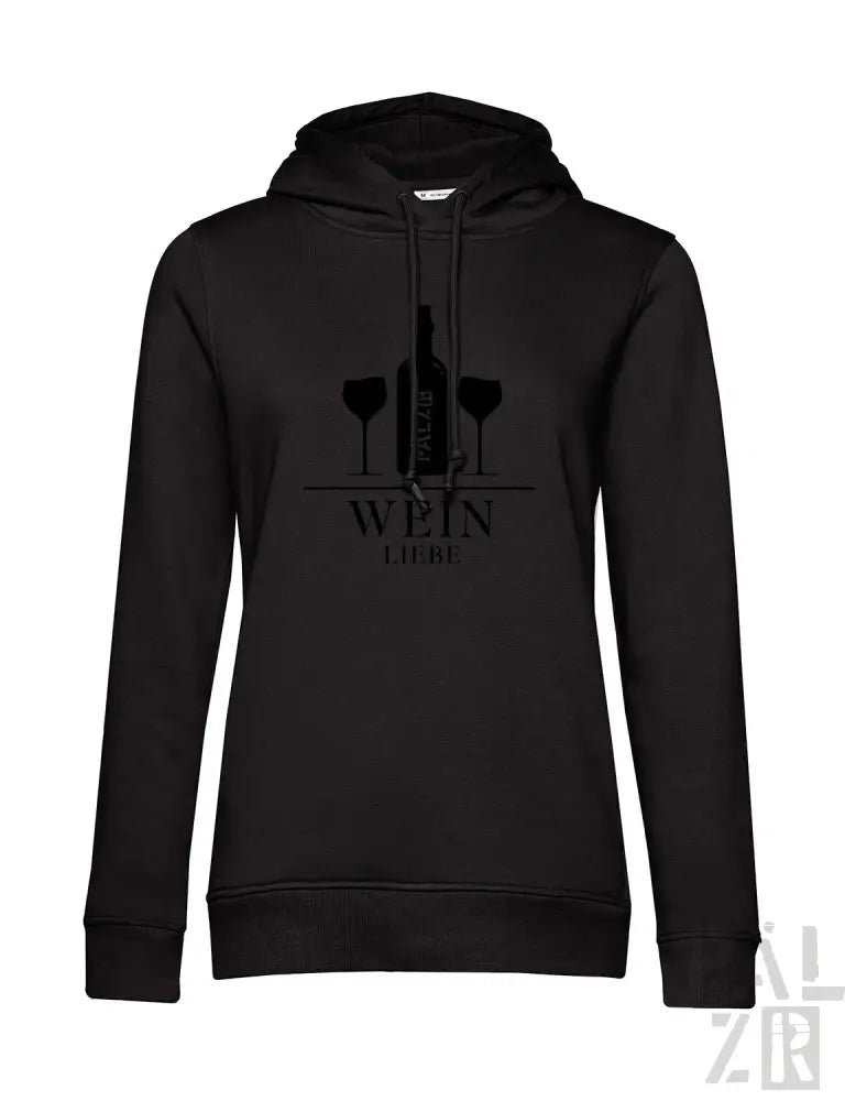 Schwarzer Hoodie mit Weinflasche- und Gläser-Design, Text ’wein’ in Weiß.