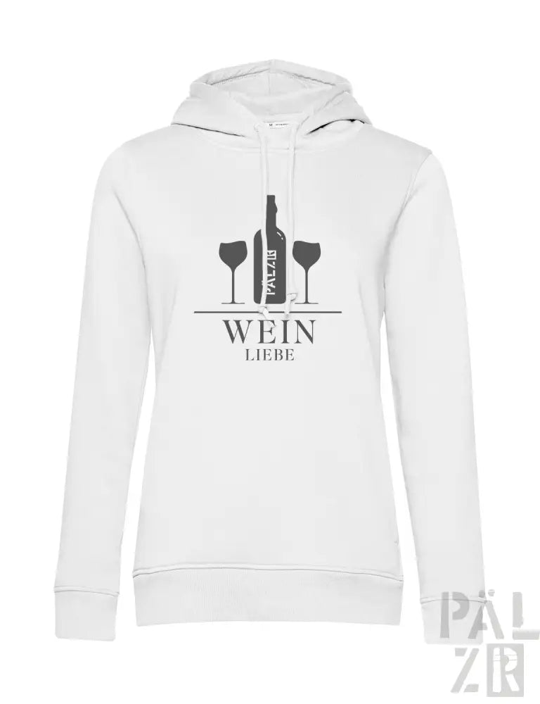 Weißes Hoodie mit Weinflaschen- und Gläser-Design, schwarzer Text ’wein liebe’ auf der Vorderseite.