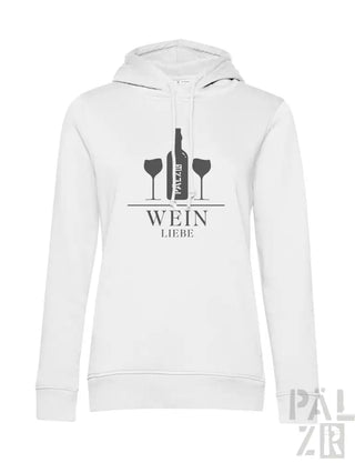 Weißes Hoodie mit Weinflaschen- und Gläser-Design, schwarzer Text ’wein liebe’ auf der Vorderseite.