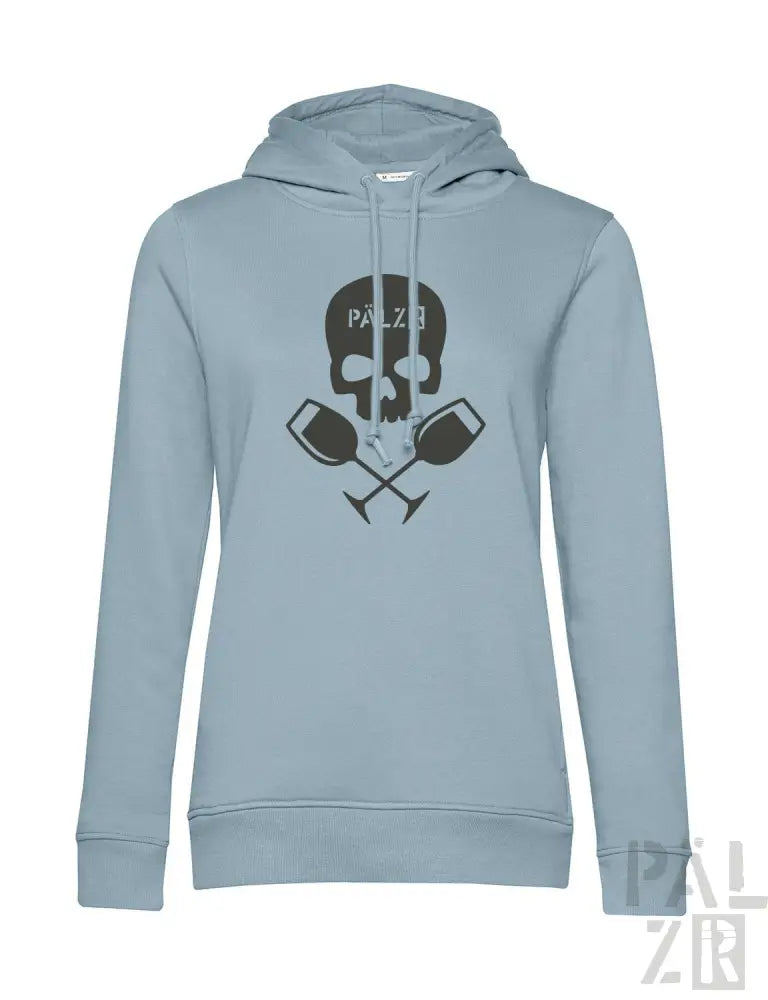 Hellblauer Hoodie mit Totenkopf- und gekreuzten Paddel-Design, aus Baumwolle.