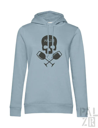 Hellblauer Hoodie mit Totenkopf- und gekreuzten Paddel-Design, aus Baumwolle.