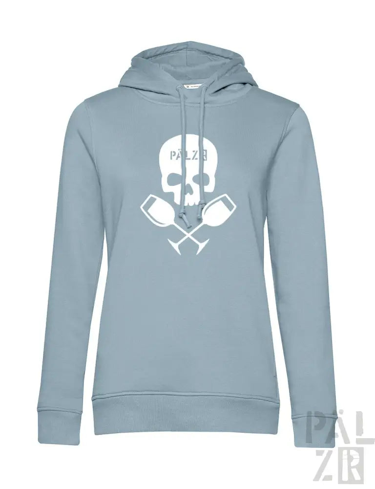 Hellblaues Hoodie mit Totenkopf- und gekreuzten Weingläser-Design.