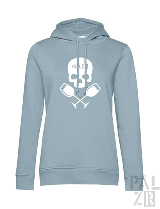 Hellblaues Hoodie mit Totenkopf- und gekreuzten Weingläser-Design.