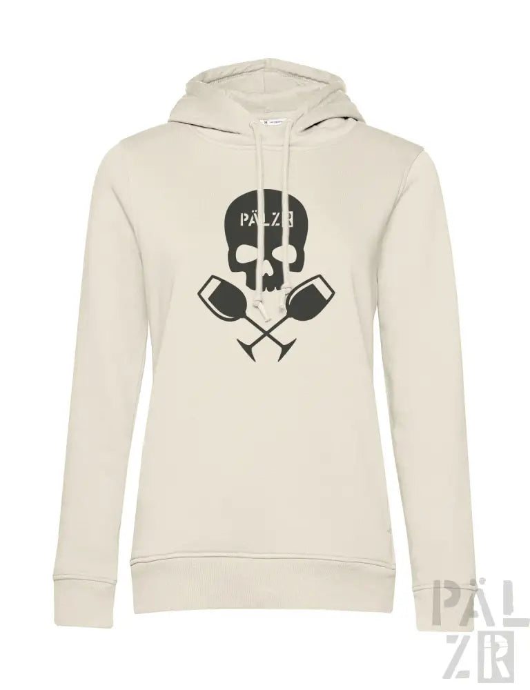 Cremeweiße Kapuzenjacke mit Totenkopf- und gekreuzten Paddel-Design, mit der Marke ’palz8’ in Schwarz.
