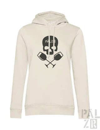 Cremeweiße Kapuzenjacke mit Totenkopf- und gekreuzten Paddel-Design, mit der Marke ’palz8’ in Schwarz.