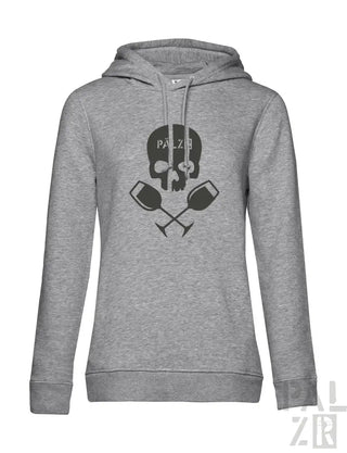 Graue Kapuzenjacke mit Totenkopf- und gekreuzten Schlägel-Design, aus Baumwolle.