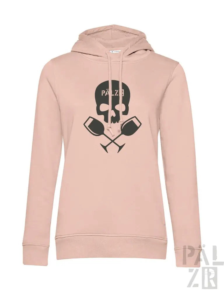 Rosa Hoodie mit Totenkopf-Design und gekreuzten Paddeln, ’palzr’-Logo.
