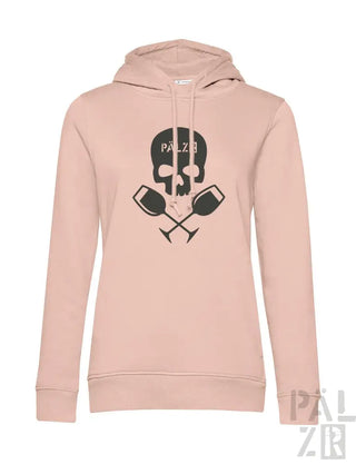 Rosa Hoodie mit Totenkopf-Design und gekreuzten Paddeln, ’palzr’-Logo.
