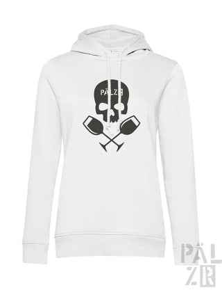 Weiße Hoodie mit Totenkopf- und gekreuzten Paddel-Design, Material scheint eine Baumwolle- oder Polyestermischung zu sein.