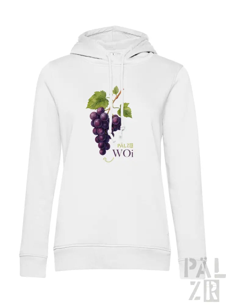 Weißes Hoodie mit Design aus lila Trauben und grünen Blättern, Baumwollmaterial.