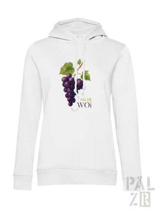 Weißes Hoodie mit Design aus lila Trauben und grünen Blättern, Baumwollmaterial.