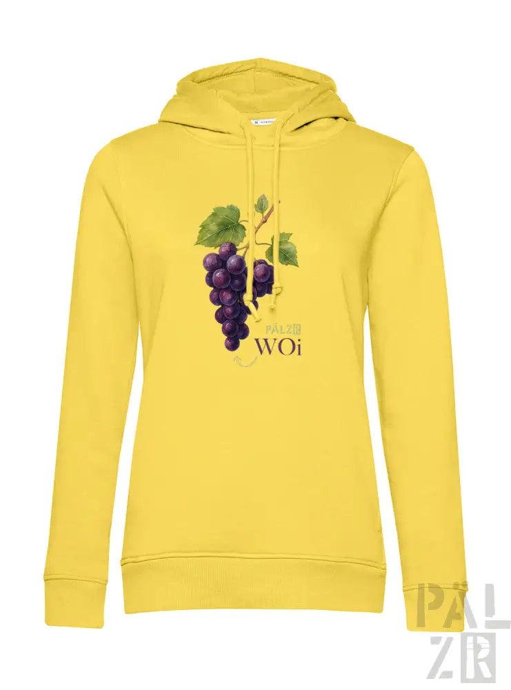 Gelbes Hoodie mit lila Trauben und ’woi’-Design.