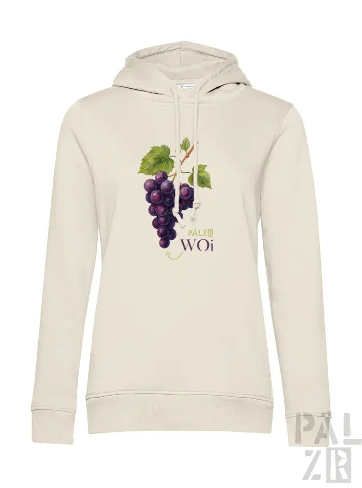 Creme-farbene Hoodie mit Weinreben-Design und ’woi’-Text, aus Baumwolle gefertigt.