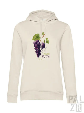 Creme-farbene Hoodie mit Weinreben-Design und ’woi’-Text, aus Baumwolle gefertigt.