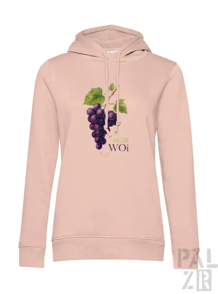 Hellrosa Hoodie mit Weinreben-Design und ’woi’-Text.