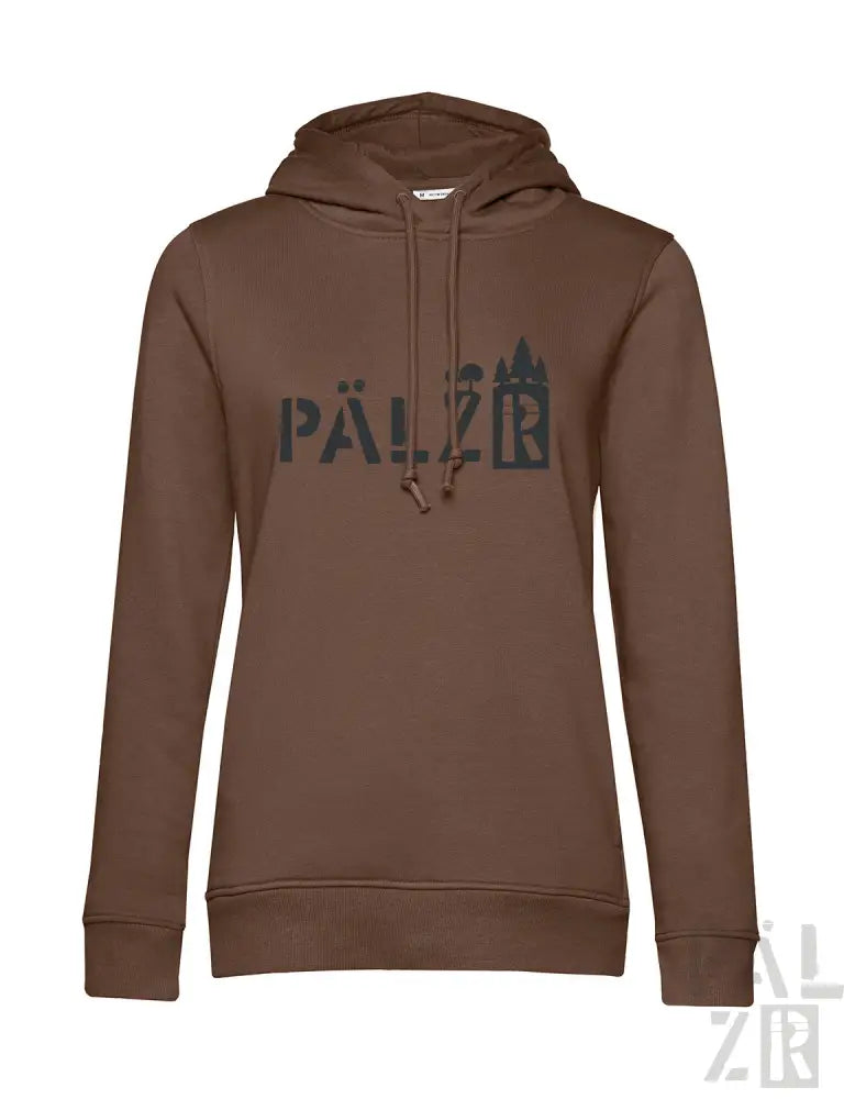 Braune Kapuzenjacke mit ’pälz’-Logo und Camouflage-Design auf der Vorderseite.