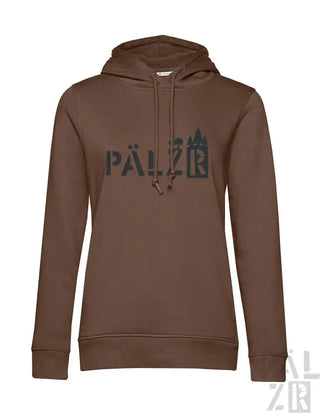 Braune Kapuzenjacke mit ’pälz’-Logo und Camouflage-Design auf der Vorderseite.