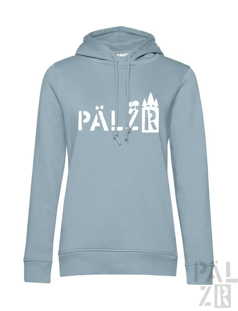 Hellblaue Kapuzenjacke mit ‚pälzr‘-Logo und Burgen-Design, aus weichem Baumwollstoff.