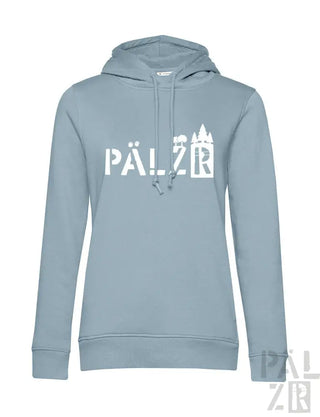Hellblaue Kapuzenjacke mit ‚pälzr‘-Logo und Burgen-Design, aus weichem Baumwollstoff.