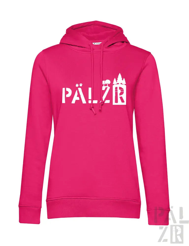Rosa Hoodie mit ’pälzr’-Design und Schloss-Silhouette, aus Baumwollmischung.