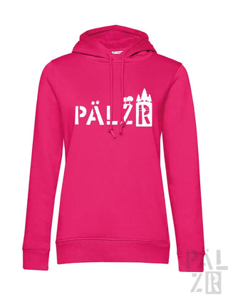 Rosa Hoodie mit ’pälzr’-Design und Schloss-Silhouette, aus Baumwollmischung.