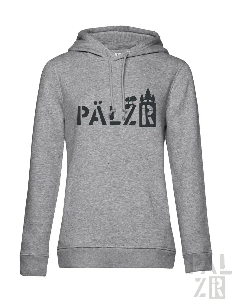 Grauer Hoodie mit schwarzem „pälzr“-Text und Burgen-Design.