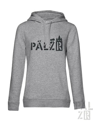 Grauer Hoodie mit schwarzem „pälzr“-Text und Burgen-Design.