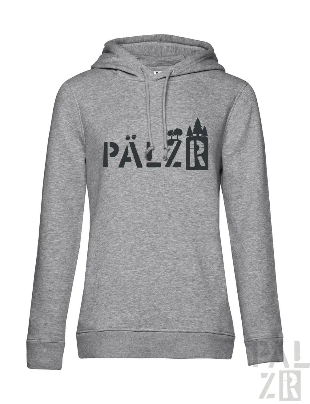 Grauer Hoodie mit schwarzem „pälzr“-Text und Burgen-Design.