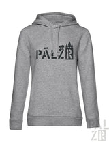 Grauer Hoodie mit schwarzem „pälzr“-Text und Burgen-Design.