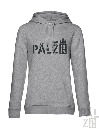 Grauer Hoodie mit schwarzem „pälzr“-Text und Burgen-Design.