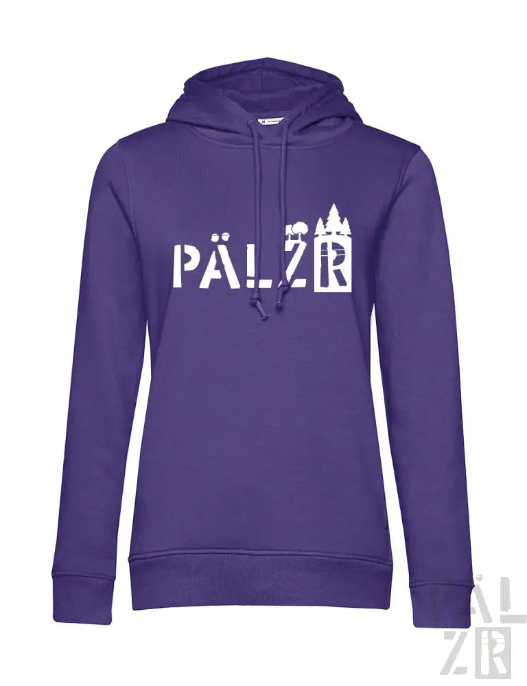 Lila Hoodie mit ’pälzb’-Design und Schloss-Silhouette, aus Fleece-Material gefertigt.