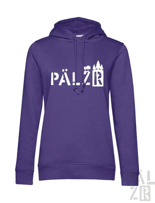 Lila Hoodie mit ’pälzb’-Design und Schloss-Silhouette, aus Fleece-Material gefertigt.