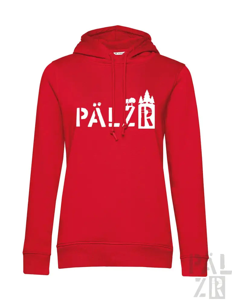 Roter Hoodie mit ‚pälzr‘-Design und Schloss-Silhouette, aus Fleece-Material gefertigt.