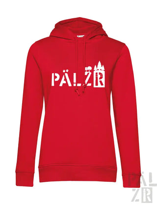 Roter Hoodie mit ‚pälzr‘-Design und Schloss-Silhouette, aus Fleece-Material gefertigt.