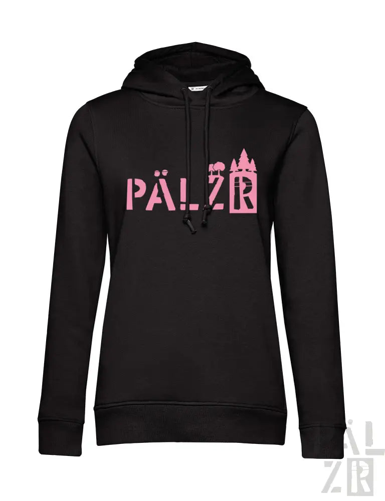 Schwarzer Hoodie mit pinkem ’pälzr’-Text und Burgen-Design.