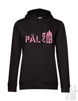 Schwarzer Hoodie mit pinkem ’pälzr’-Text und Burgen-Design.