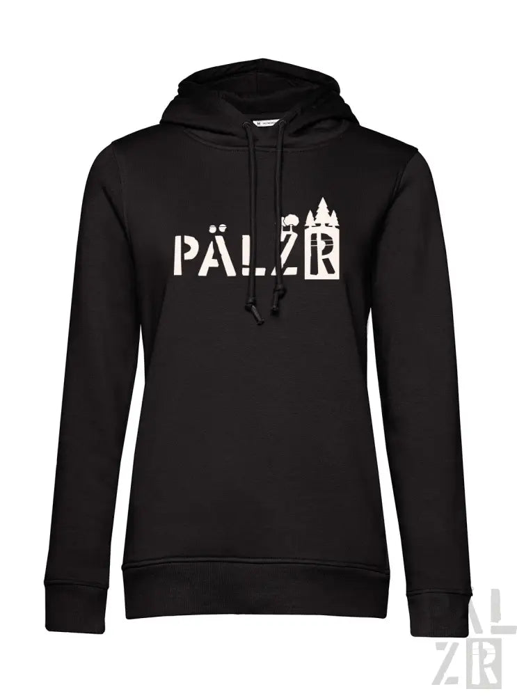 Schwarzer Hoodie mit weißem ’pälzr’-Grafik und Burgen-Design.