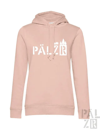 Hellrosa Hoodie mit ‚pälzb‘-Text und Burgen-Design, wahrscheinlich aus Baumwolle oder Polyester-Mischung.