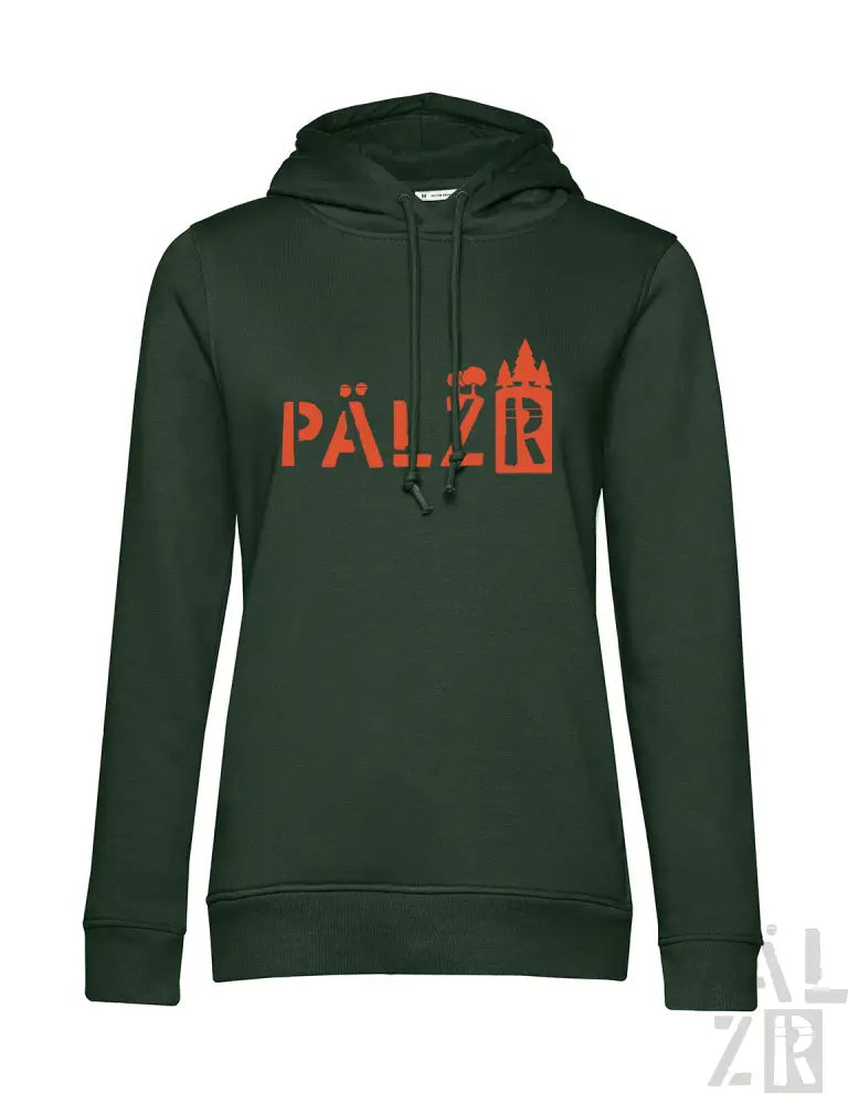 Dunkelgrüner Hoodie mit orangefarbenem „pälzr“-Text und -Design, mit Kapuze und Kordelzügen.