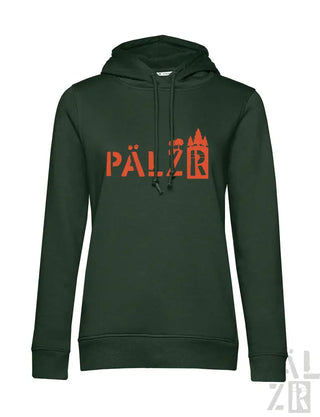 Dunkelgrüner Hoodie mit orangefarbenem „pälzr“-Text und -Design, mit Kapuze und Kordelzügen.