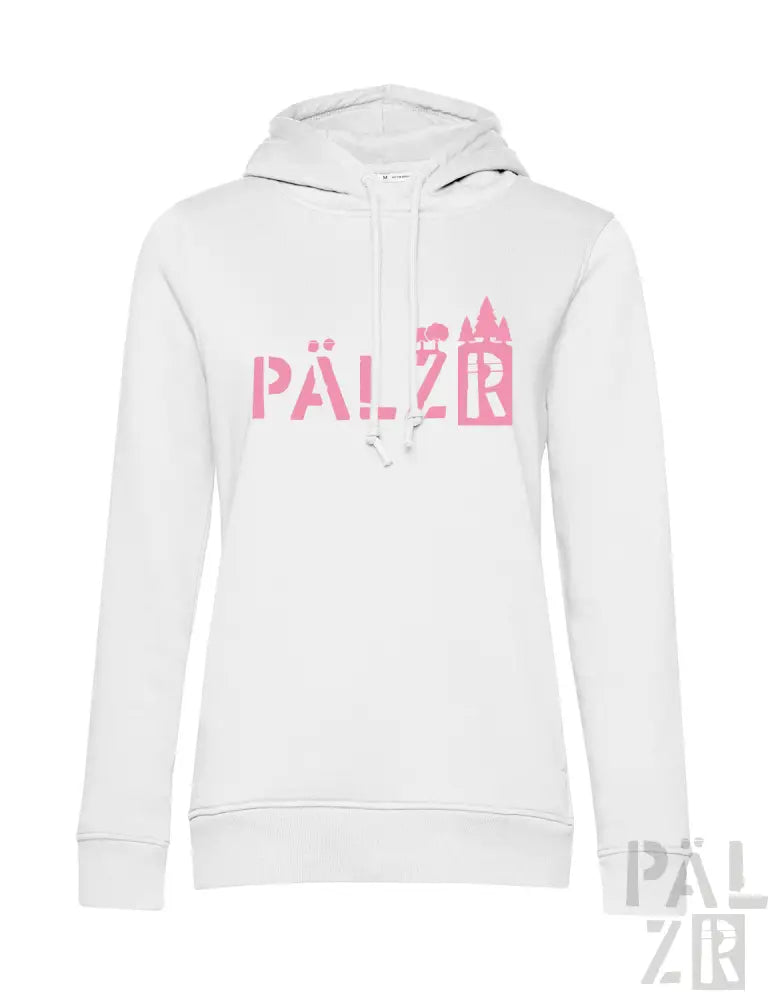 Weiße Hoodie mit pinkem ’palzer’-Logo und Burgen-Design.