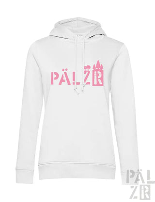 Weiße Hoodie mit pinkem ’palzer’-Logo und Burgen-Design.